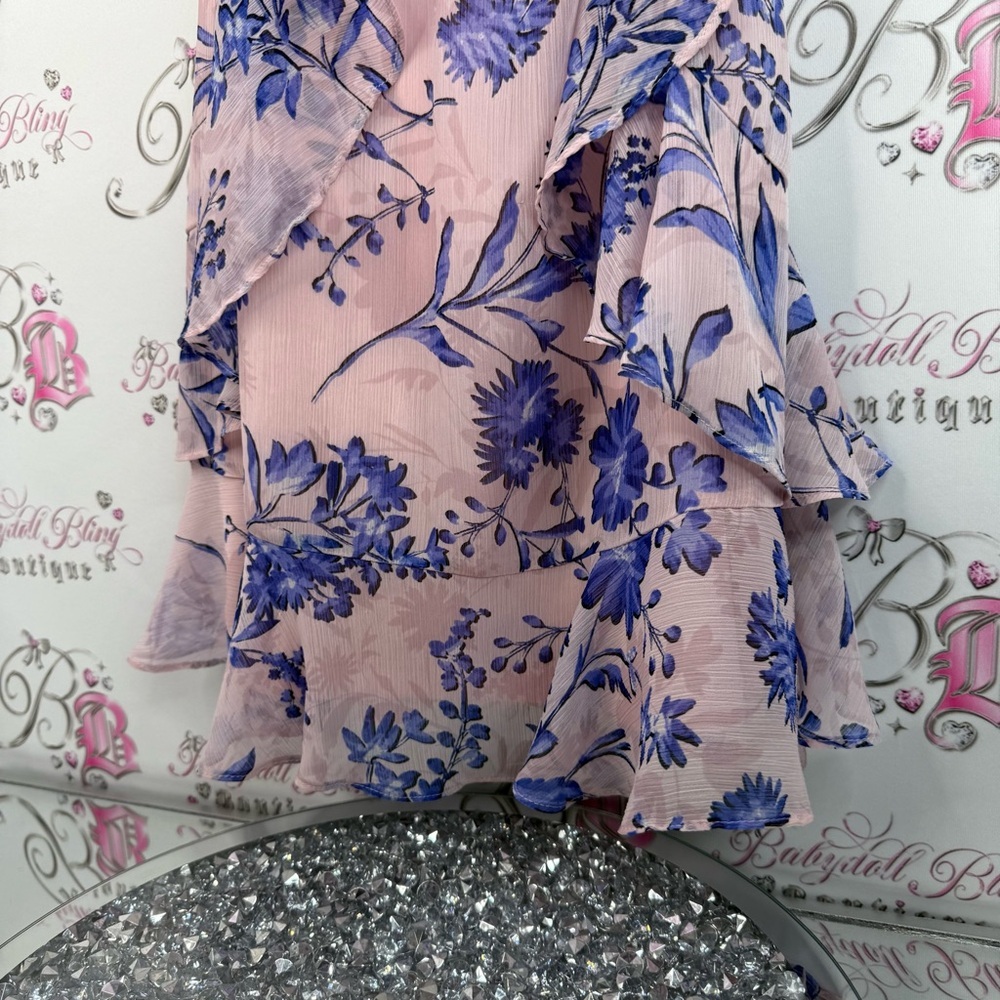 Tommy Hilfiger dress ruffles frilly frills gold charm Floral Pink and Blue Dress - Picture 5 of 14